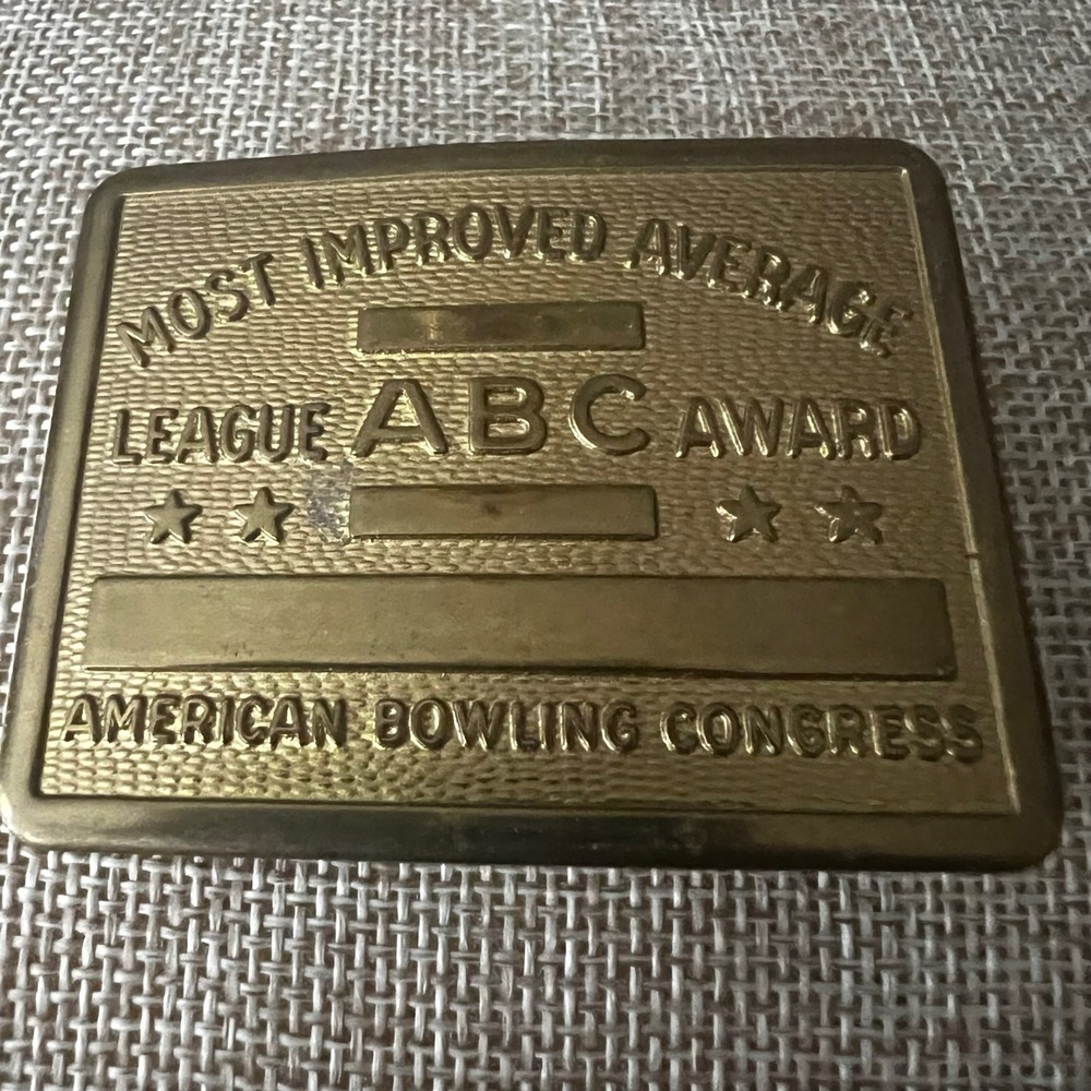 Vintage American Bowling Congress ABC Award Belt Buckle Brass Tone 3in Americana